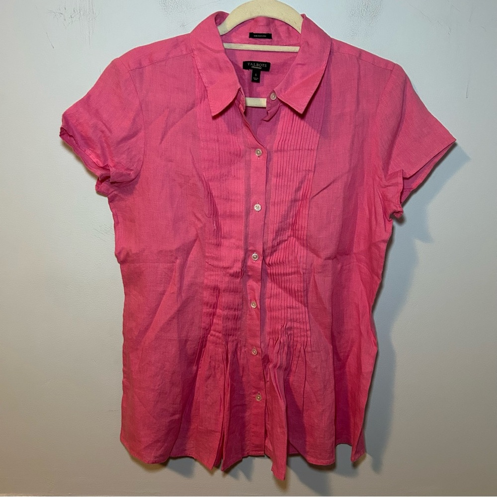 Talbots Pink Pure Irish Linen Pleated Button Down Short Sleeve Blouse Size Small